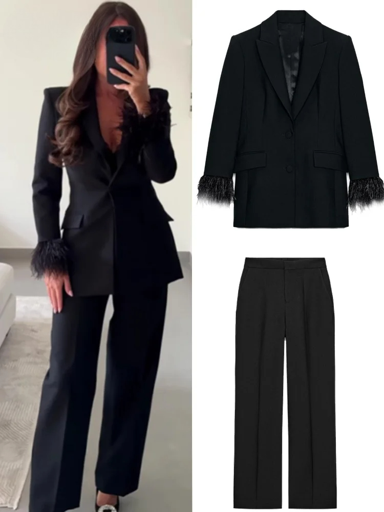 Shoulder Pad Set In - Elegante Blazerbroekensets met veren voor dames,